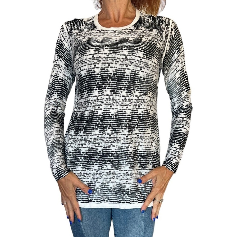 KOKUN WOMEN'S SWEATER CASHMERE BAMBOO KNIT CREW NECK WHITE DIGITAL PRINT  XL